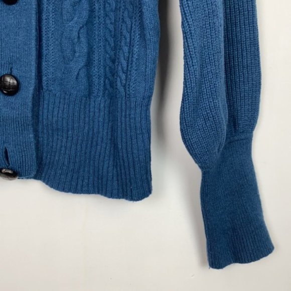 J.Crew S Teal Cardigan Cable Knit Faux Leather Buttons Lambs Wool - Picture 11 of 16